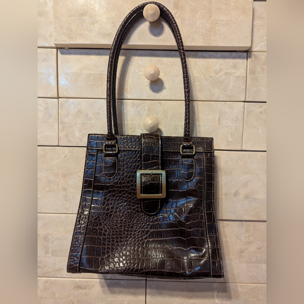 Dark Brown Crocodile-Embossed Shoulder Bag